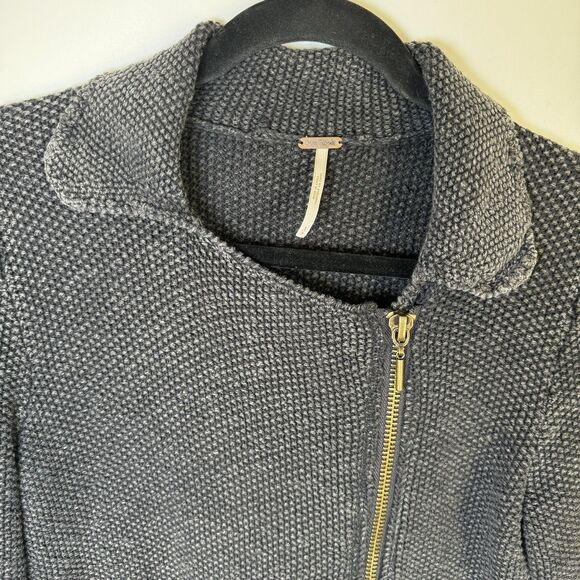 Free People Womens Small Gray Textured Knit Moto Sweater Jacket Cotton Zip Up - Picture 3 of 16
